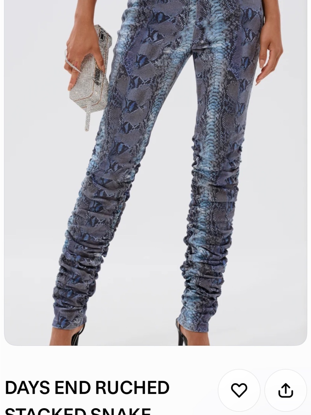 AKIRA Blue Snake-Print Ruched Stacked Skinny Pants